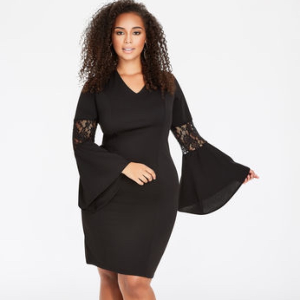 LACE BELL SLEEVE SHEATH DRESS